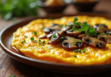 Omelette dorée aux champignons chantelettes garnie de persil