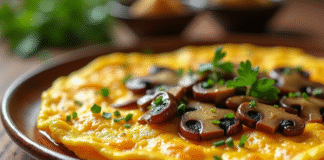 Omelette dorée aux champignons chantelettes garnie de persil