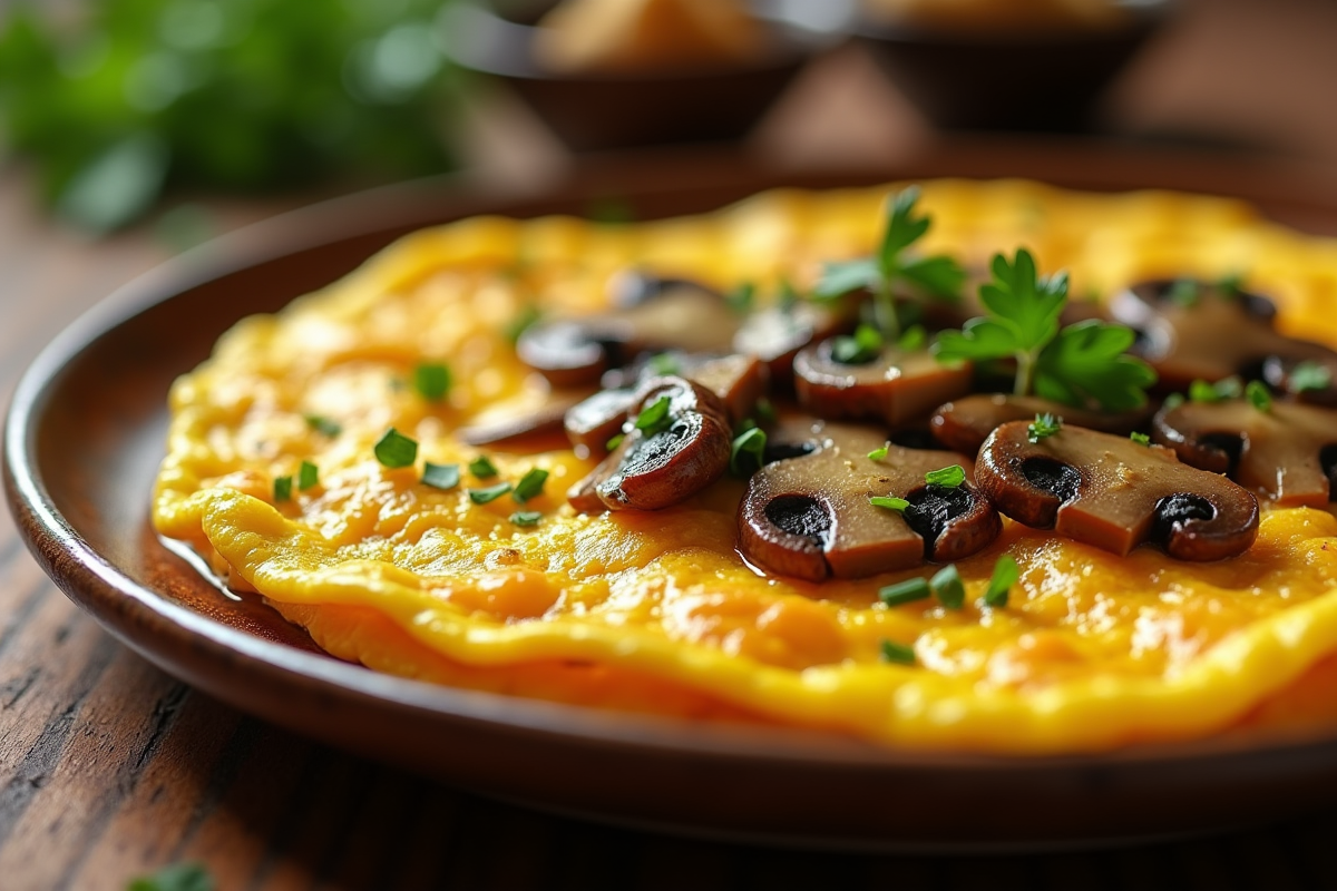 Omelette dorée aux champignons chantelettes garnie de persil