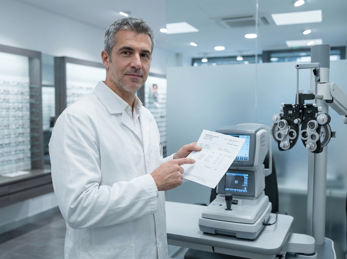 Opticien expliquant une ordonnance de correction optique dans un cabinet d'optique moderne