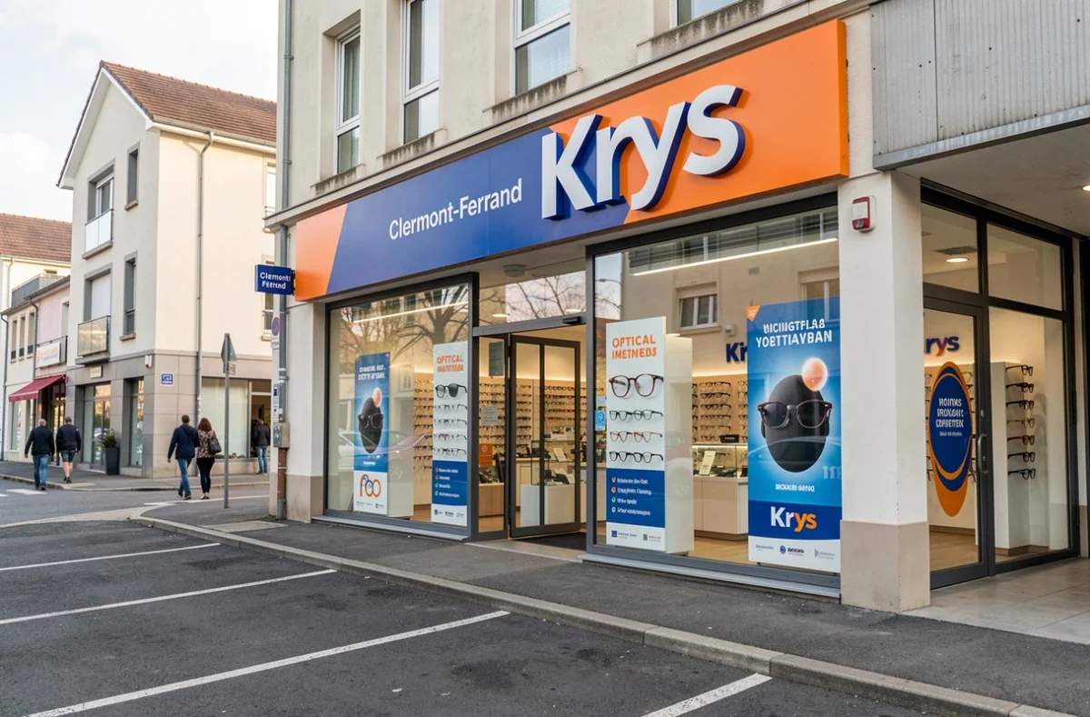 Devanture de l'opticien Krys Clermont-Ferrand Etats-Unis avec signalétique visible