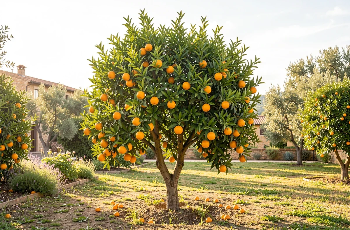 Oranger chargé de fruits dans un jardin ensoleillé
