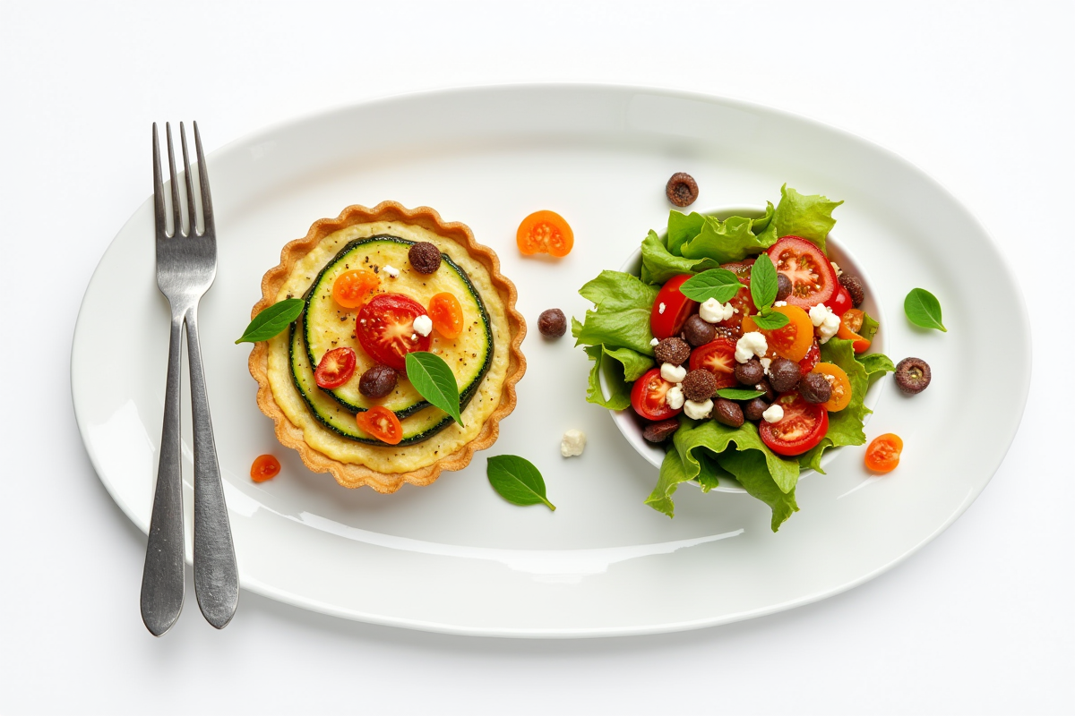 Partages de tarte aux courgettes avec salade colorée en présentation