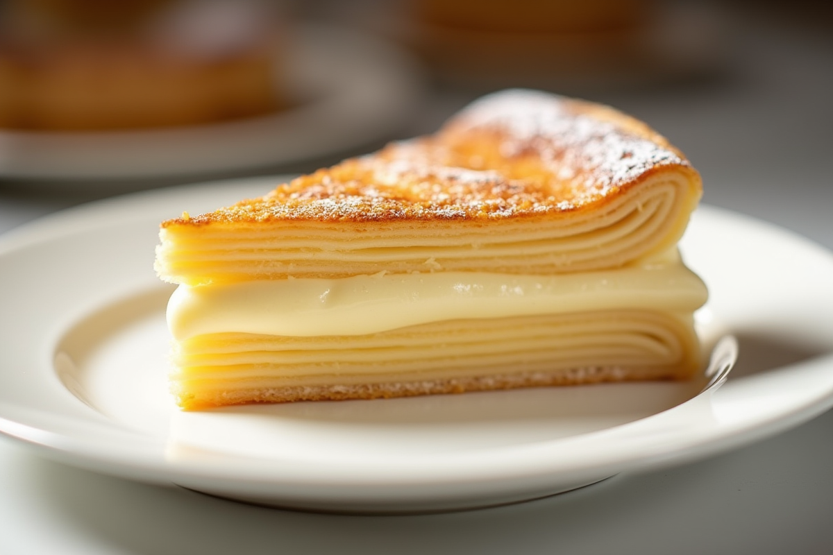 Une tranche de millefeuille dorée sur une assiette blanche