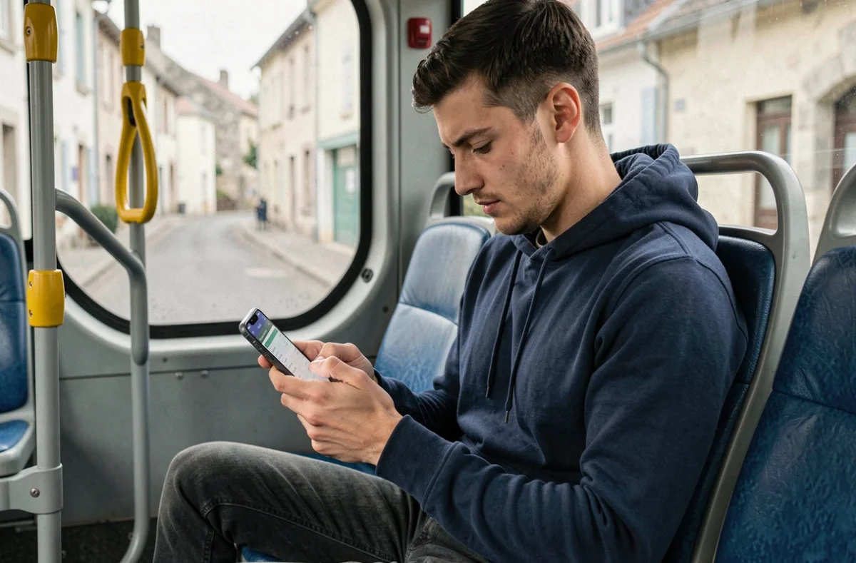 Passager consultant les horaires de bus sur smartphone à l'intérieur d'un bus CABUS