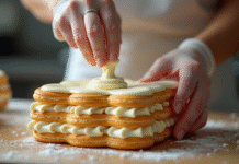 Les mains d'un chef pâtissier remplissant un millefeuille de crème