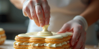 Les mains d'un chef pâtissier remplissant un millefeuille de crème