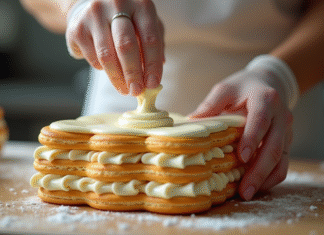 Comment préparer une crème pâtissière mille-feuilles parfaite Les mains d'un chef pâtissier remplissant un millefeuille de crème