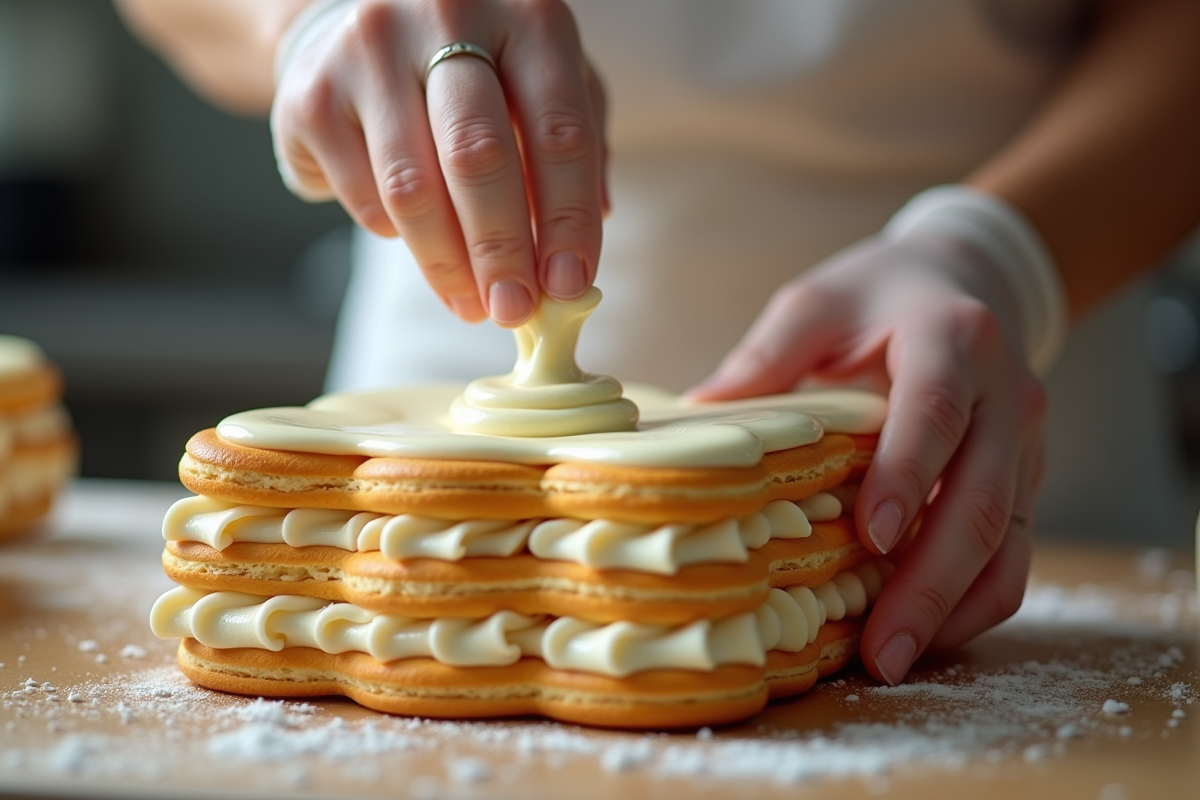 Les mains d'un chef pâtissier remplissant un millefeuille de crème
