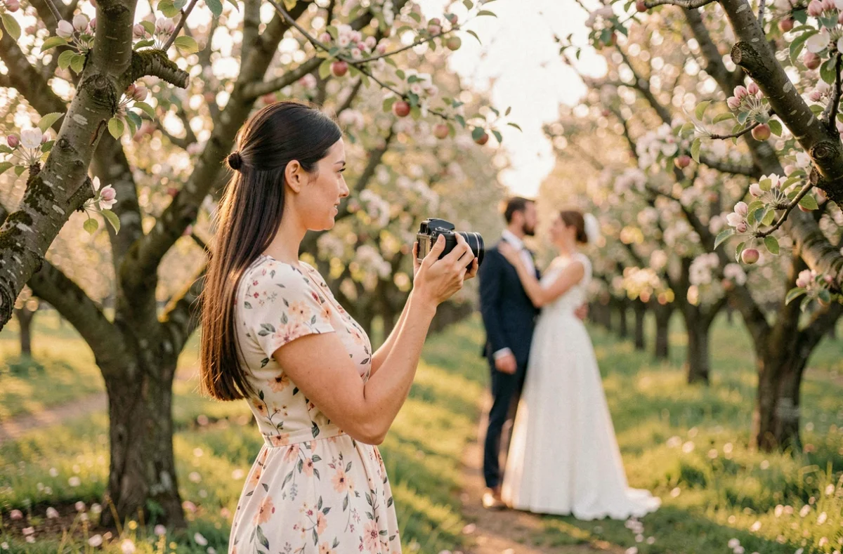 Pauline Music photographe dirigeant un couple de mariés dans un verger de pommiers en fleurs du Calvados