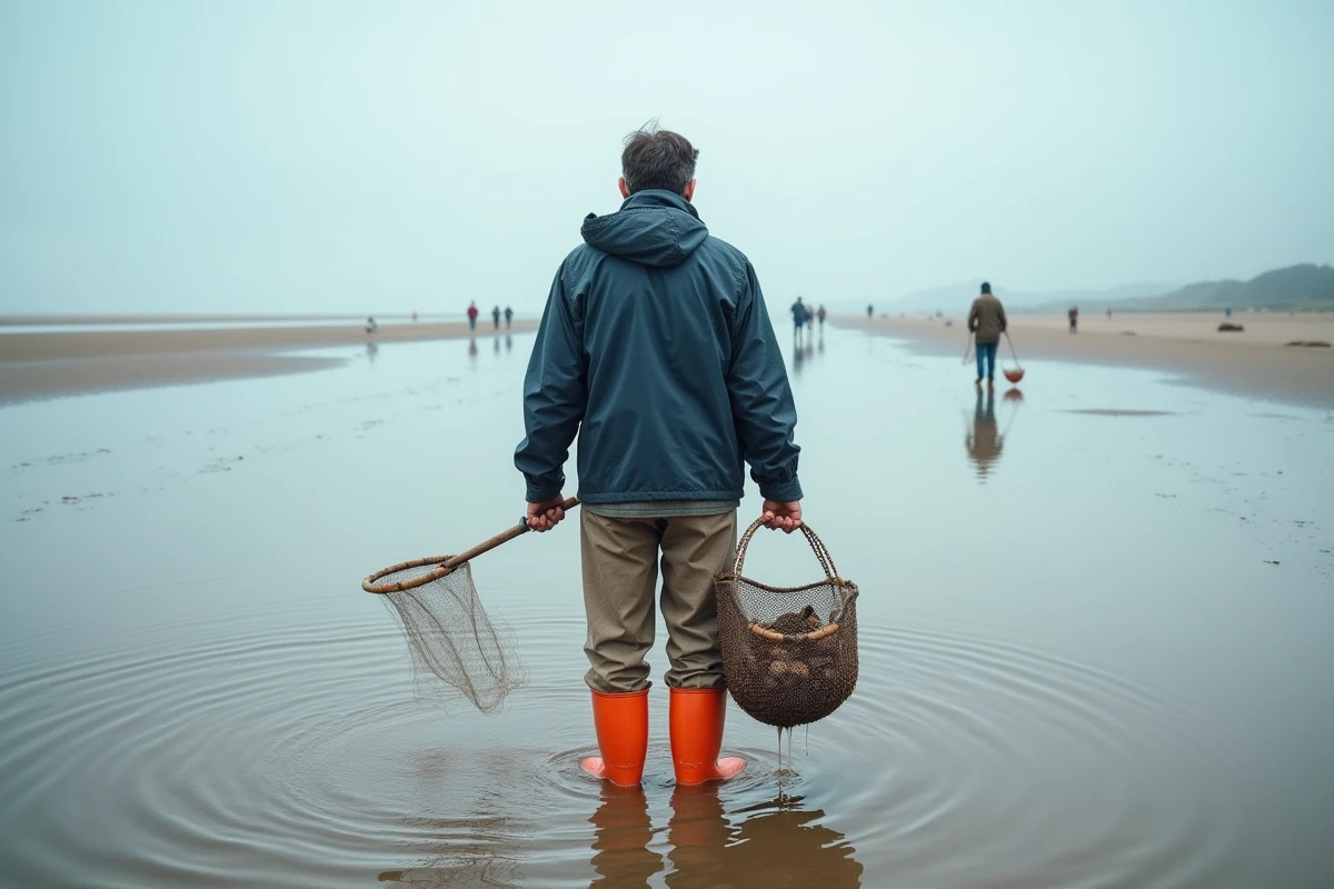 Pêcheur à pied avec filet et seau dans un chenal à marée basse sur la plage de Hendaye, vue grand angle sur les estrans
