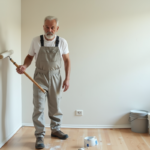 Quel coût pour repeindre une maison de 100m² lors d’une rénovation complète ? Peintre en overalls appliquant de la peinture sur un mur intérieur moderne