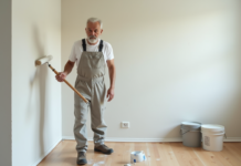 Peintre en overalls appliquant de la peinture sur un mur intérieur moderne