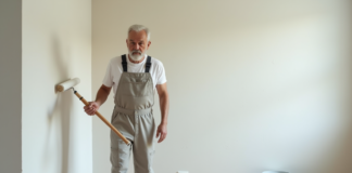 Peintre en overalls appliquant de la peinture sur un mur intérieur moderne