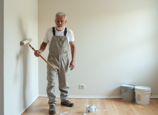 Quel coût pour repeindre une maison de 100m² lors d’une rénovation complète ? Peintre en overalls appliquant de la peinture sur un mur intérieur moderne