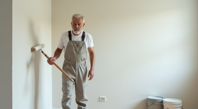 Quel coût pour repeindre une maison de 100m² lors d’une rénovation complète ? Peintre en overalls appliquant de la peinture sur un mur intérieur moderne