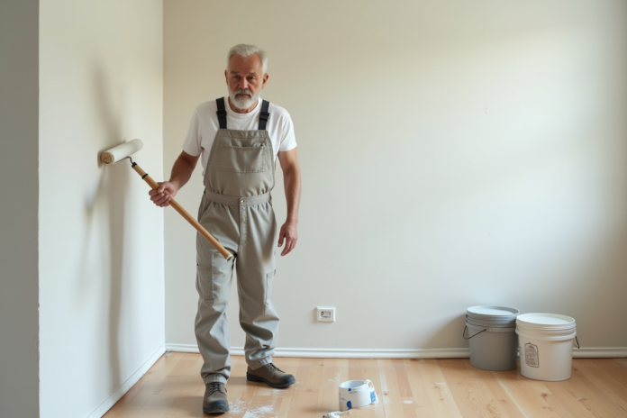 Peintre en overalls appliquant de la peinture sur un mur intérieur moderne
