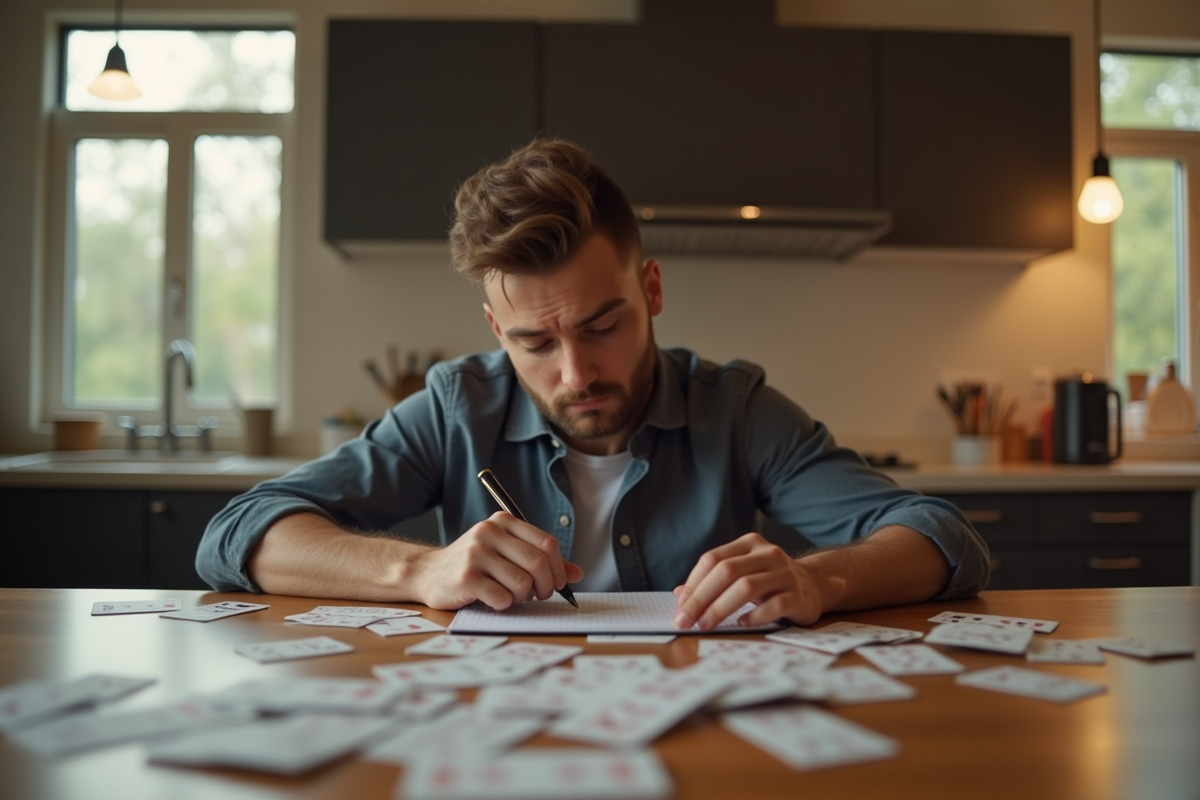 Personne seule étudiant les règles de la belote à la maison