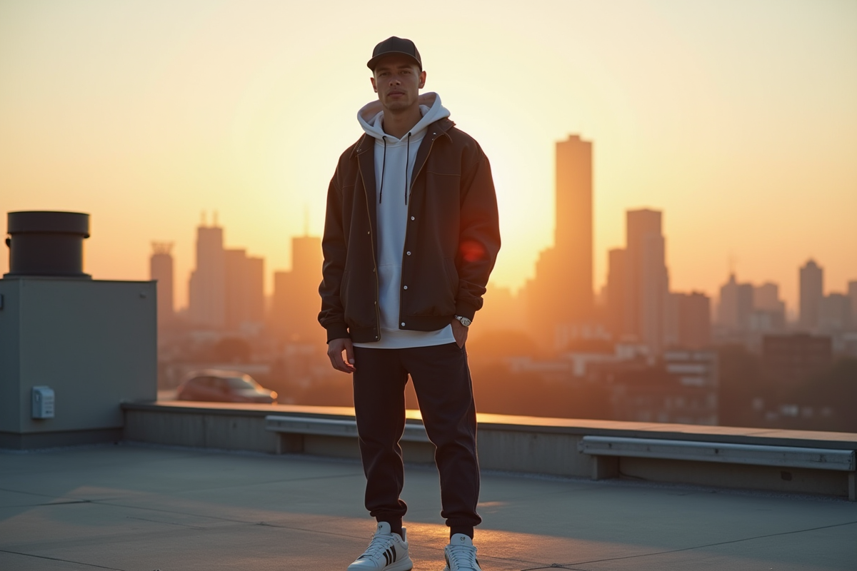 Personne en streetwear posant sur un toit au coucher de soleil