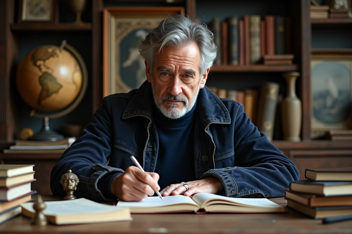 Philosophe âgé étudiant des ouvrages de philosophie de l'art dans un bureau universitaire chargé de livres et de sculptures