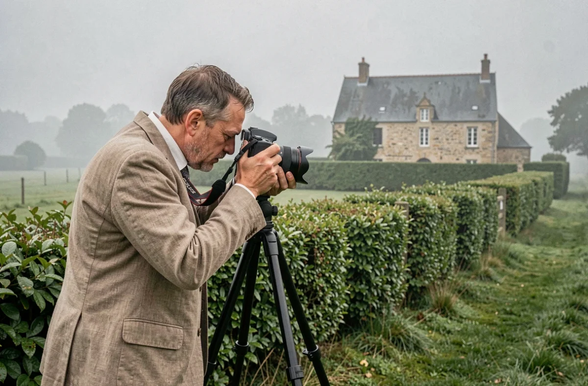 Photographe professionnel travaillant en plein air dans le bocage normand du Calvados, ajustant son appareil photo sur trépied devant une ferme en pierre