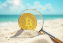 Pièce de crypto en or dans le sable blanc ensoleillé