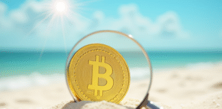 Pièce de crypto en or dans le sable blanc ensoleillé