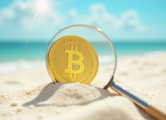 Récupérer des crypto-monnaies perdues : est-ce possible ? Pièce de crypto en or dans le sable blanc ensoleillé