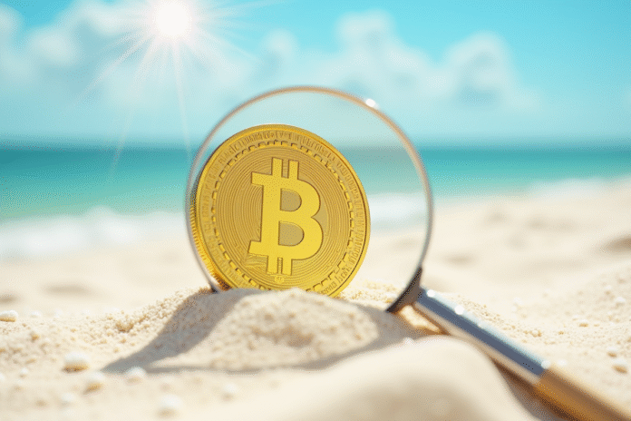 piece-crypto-sable-beach Pièce de crypto en or dans le sable blanc ensoleillé