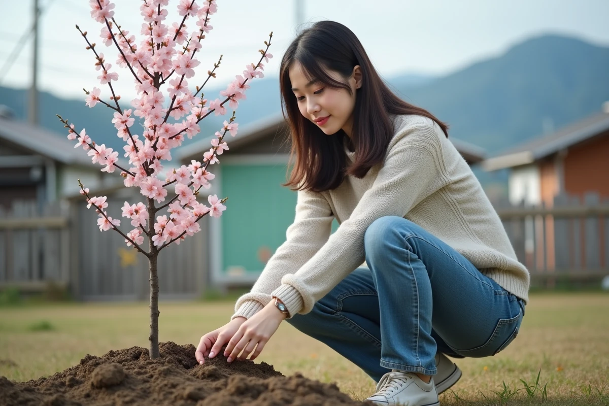 Jeune femme plantant un cerisier dans un jardin suburbain