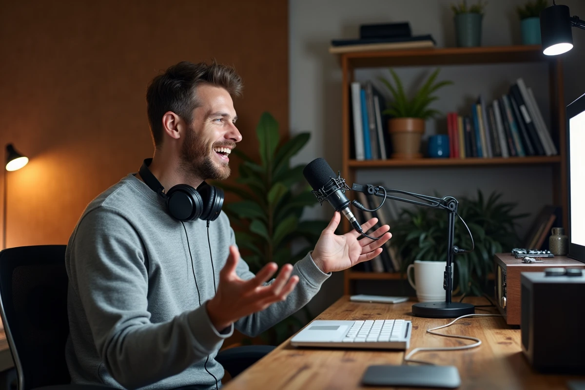 Homme passionné de musique enregistrant un podcast dans un studio maison, évoquant l'évolution du vocabulaire musical