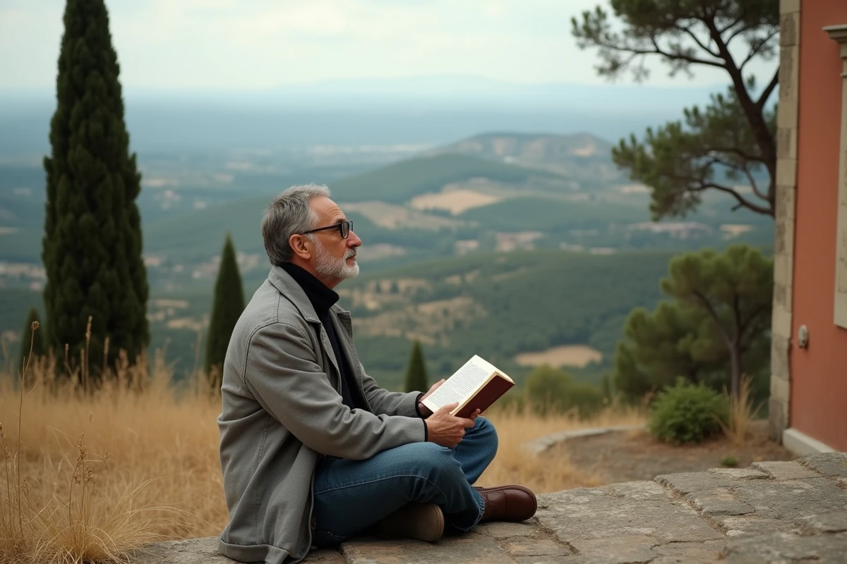 Homme italien d'âge moyen méditant sur un recueil de poésie religieuse assis sur les marches d'une chapelle toscane avec panorama de campagne