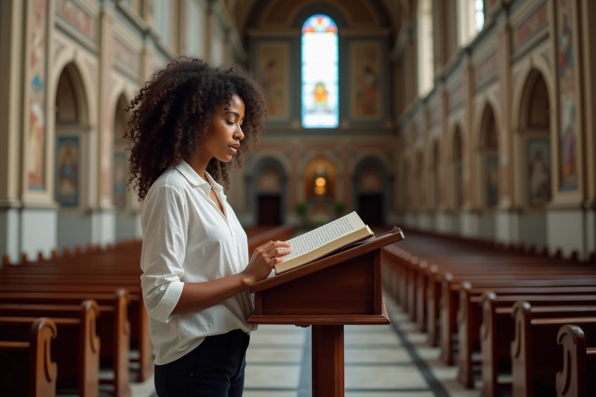 Jeune femme italienne récitant de la poésie religieuse contemporaine devant un lutrin dans une église historique aux fresques médiévales