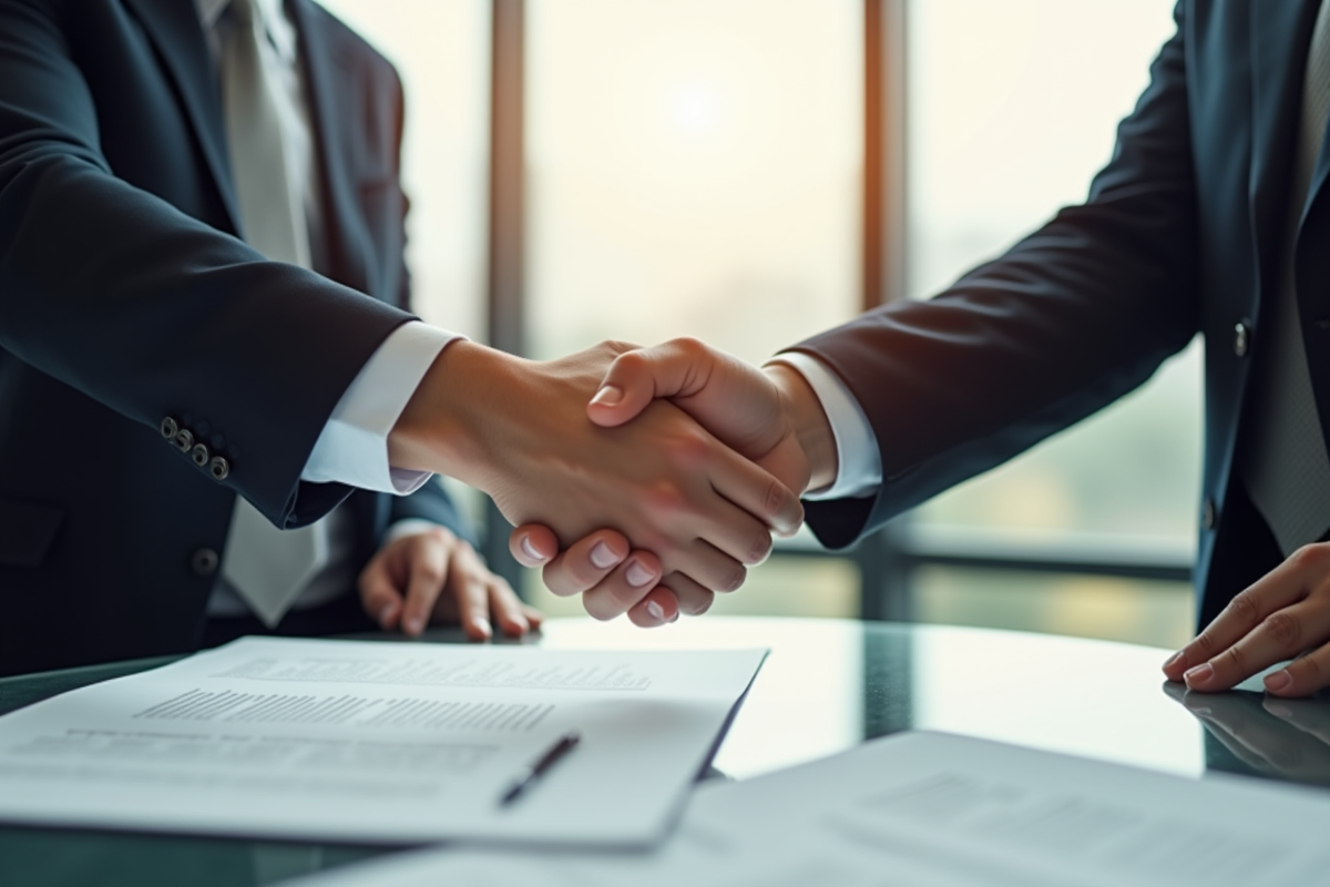 Poignée de mains entre deux professionnels sur un contrat signé