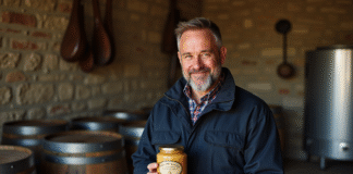 Rencontre avec un producteur de foie gras IGP : qualité et tradition au rendez-vous Producteur de foie gras tenant un pot dans un atelier rustique