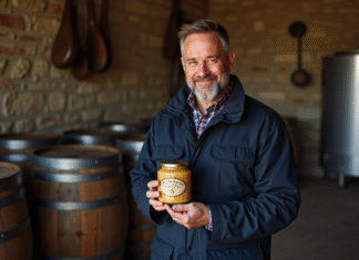 Rencontre avec un producteur de foie gras IGP : qualité et tradition au rendez-vous Producteur de foie gras tenant un pot dans un atelier rustique