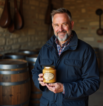 Rencontre avec un producteur de foie gras IGP : qualité et tradition au rendez-vous Producteur de foie gras tenant un pot dans un atelier rustique