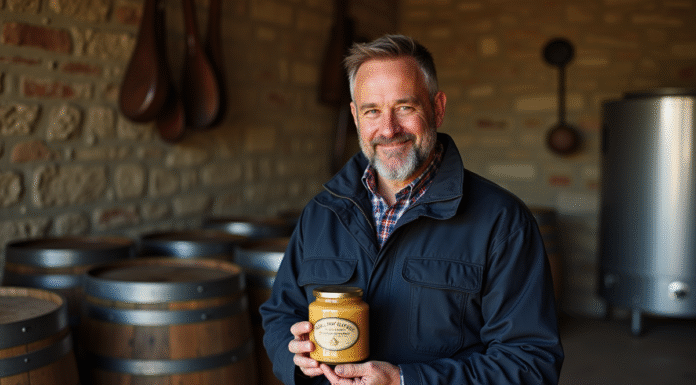 Rencontre avec un producteur de foie gras IGP : qualité et tradition au rendez-vous Producteur de foie gras tenant un pot dans un atelier rustique