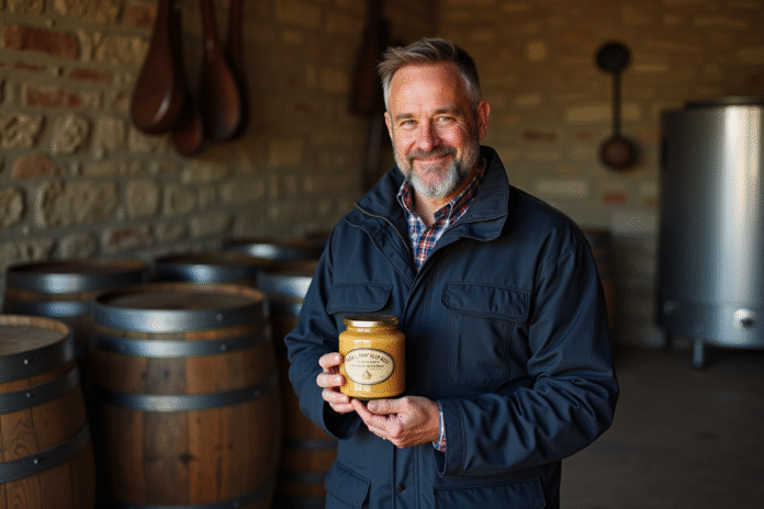 Producteur de foie gras tenant un pot dans un atelier rustique
