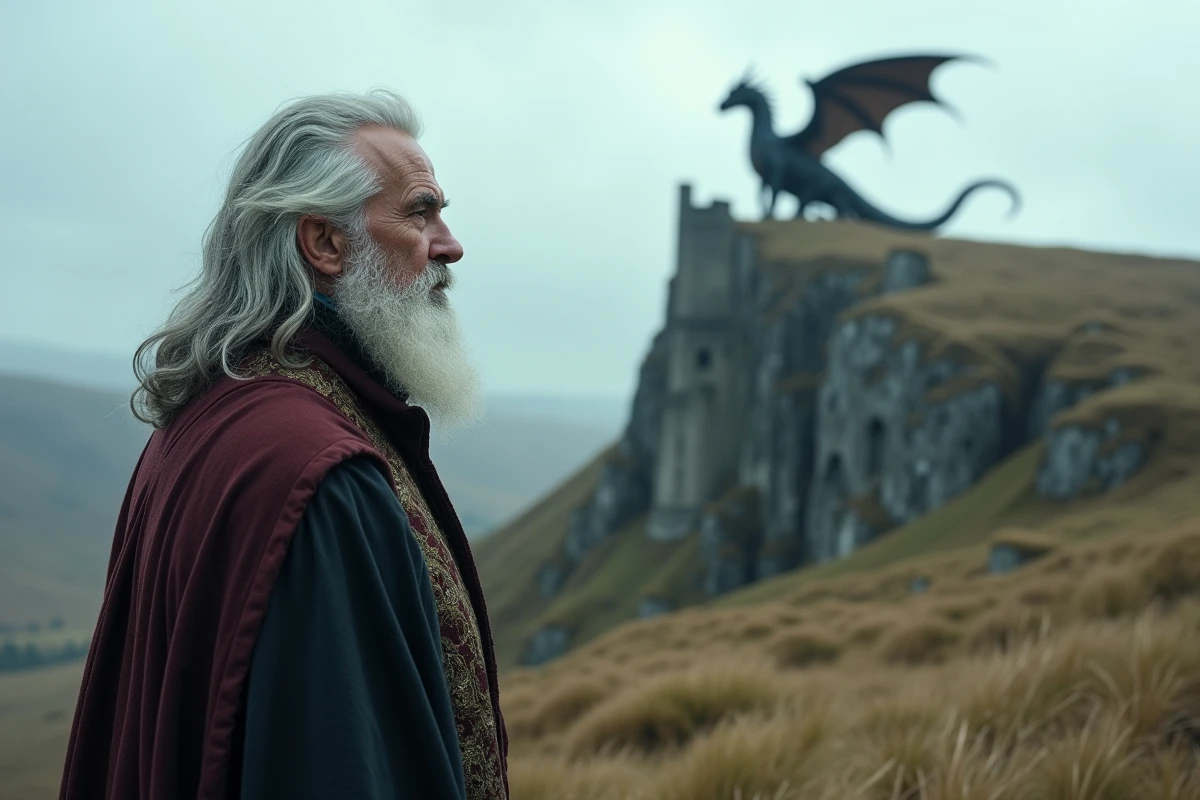 Professeur observant un dragon sur une colline rocheuse