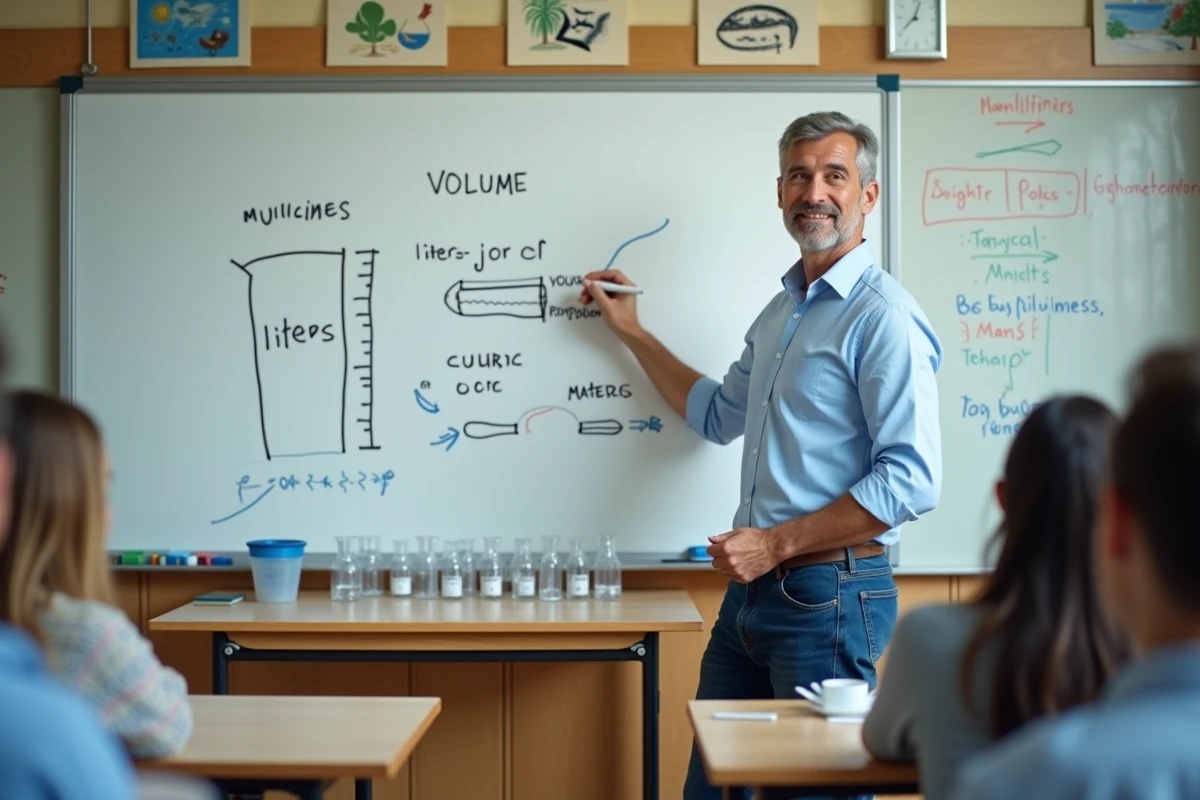 Professeur de sciences expliquant la conversion de volume
