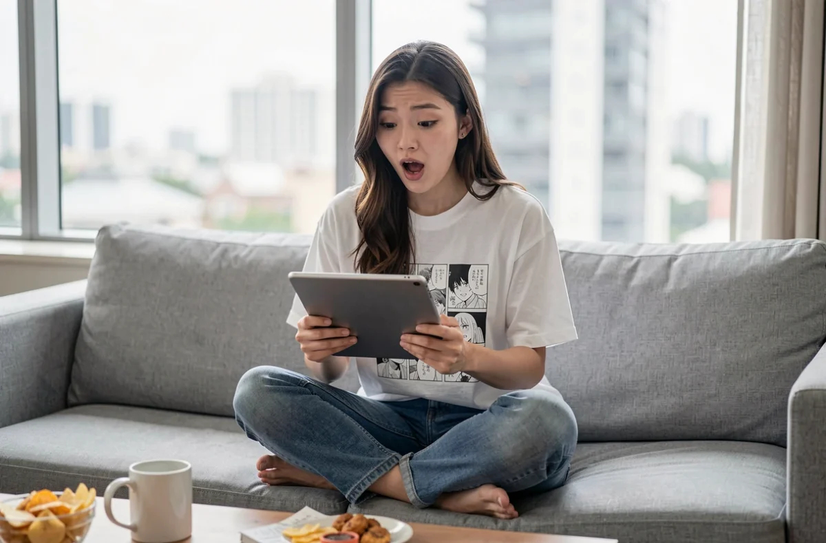 Jeune femme surprise en lisant le chapitre 1132 de One Piece en français sur une tablette