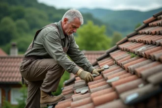 Homme en overalls posant des pierres sur un toit rural