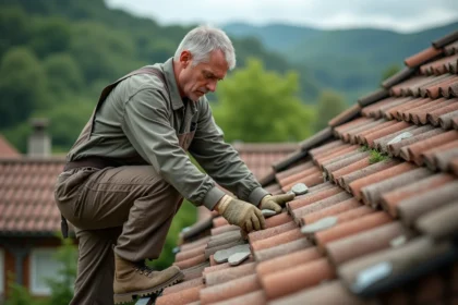 Homme en overalls posant des pierres sur un toit rural