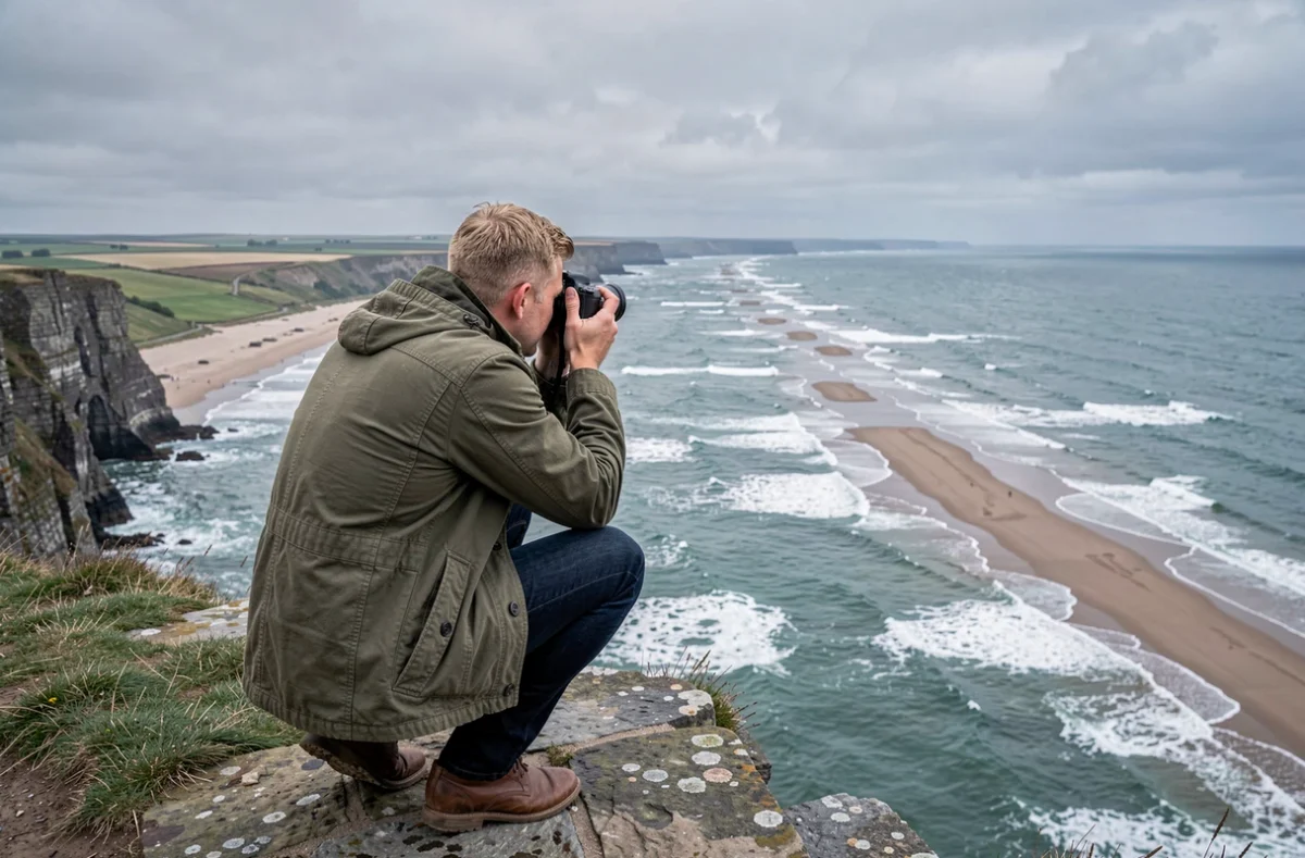 Ronan Music photographe accroupi sur les falaises du Calvados en train de photographier le paysage côtier de la Manche