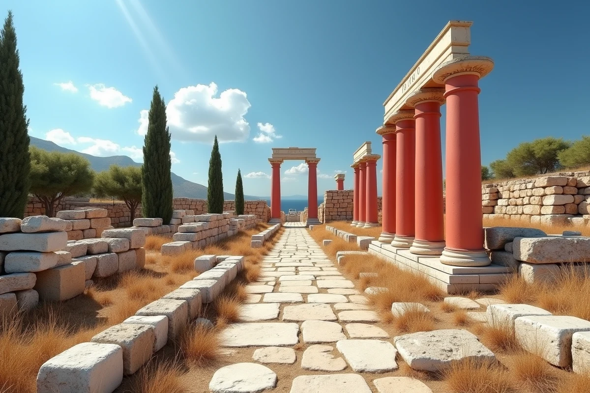 Ruines archéologiques du palais de Knossos en Crète avec colonnes restaurées et fondations en pierre sous un ciel méditerranéen