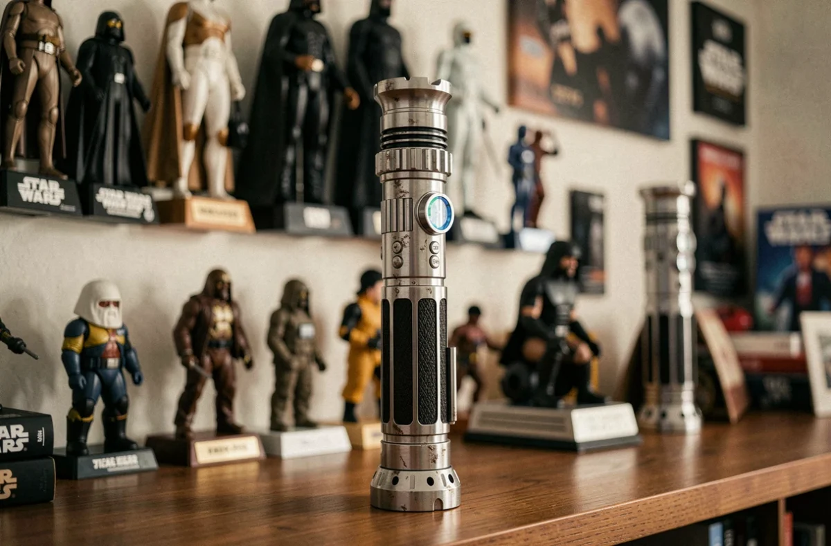 Réplique réaliste du sabre laser de Rey posée sur une étagère de collection Star Wars avec détails métalliques précis