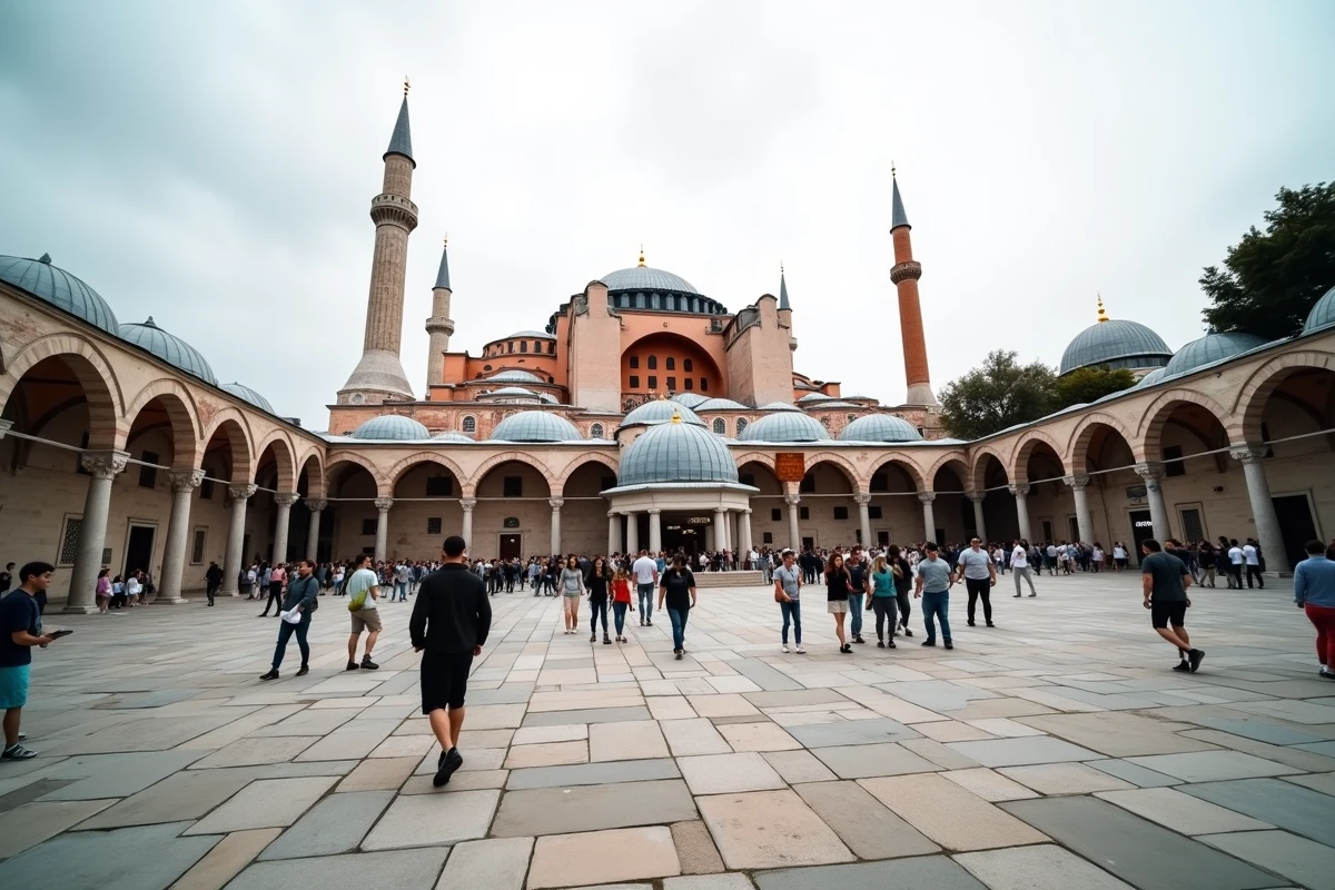 Touristes devant la basilique Sainte-Sophie à Istanbul illustrant le patrimoine culturel historique à la croisée de l'Europe et de l'Asie