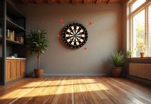 Salle de jeux moderne avec panneau électronique de darts et ligne de lancer