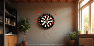 Salle de jeux moderne avec panneau électronique de darts et ligne de lancer